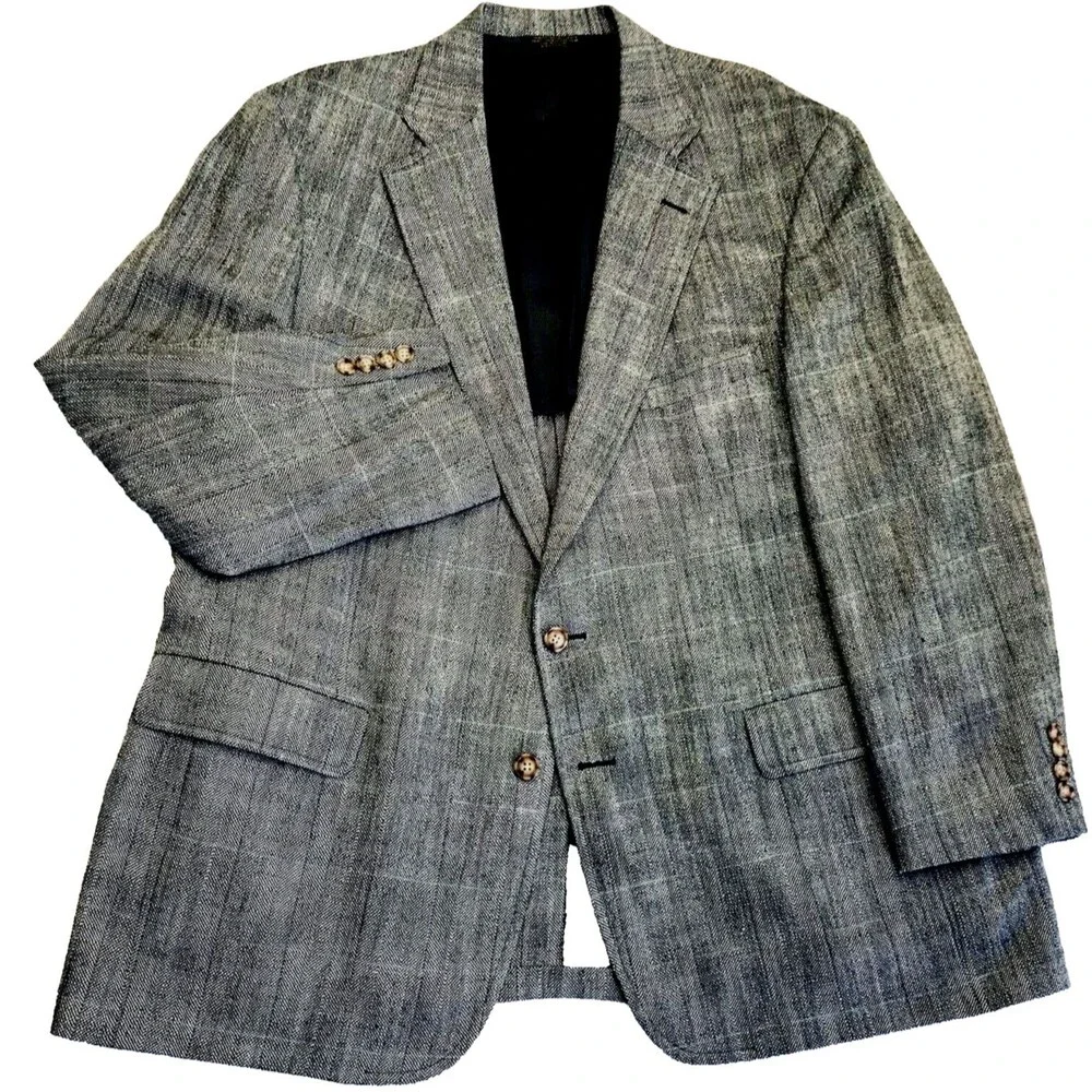 Palm Beach Vintage Sport Coat Windowpane Herringbone 46 48 Gray Black Preppy